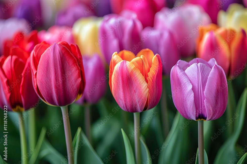 Fototapeta premium In a garden field, tulips are arranged in concentric circles of different colors, with a shallow depth of field.