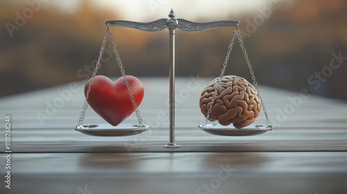 Shot of a balance scale weighing a heart and a brain, symbolizing the balance between emotion and logic.