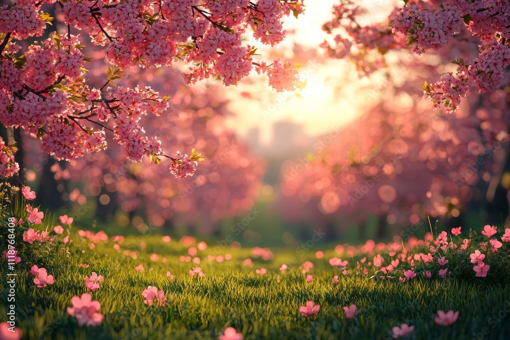In a grassy meadow on a sunny spring afternoon, a row of Japanese cherry trees stands, branches adorned with clusters of pink flowers. In a grassy meadow on a sunny spring afternoon, a row of Japanese cherry trees stands, branches adorned with clusters of pink flowers.