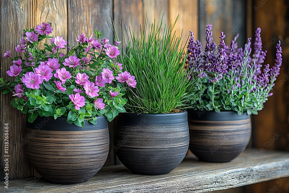 A detailed shot of wooden shelves adorned with blooming flowers in pots at a summer festival, highlighting floristry, outdoor decor, artwork, and decoration. A detailed shot of wooden shelves adorned with blooming flowers in pots at a summer festival, highlighting floristry, outdoor decor, artwork, and decoration.