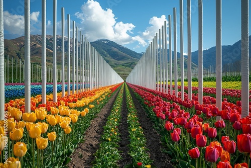 Vibrant tulips bloom on a plantation field under the sunny spring sky, with mountains and a highway in the background at the Abbotsford Tulip Festival 2023 in British Columbia, Canada. photo