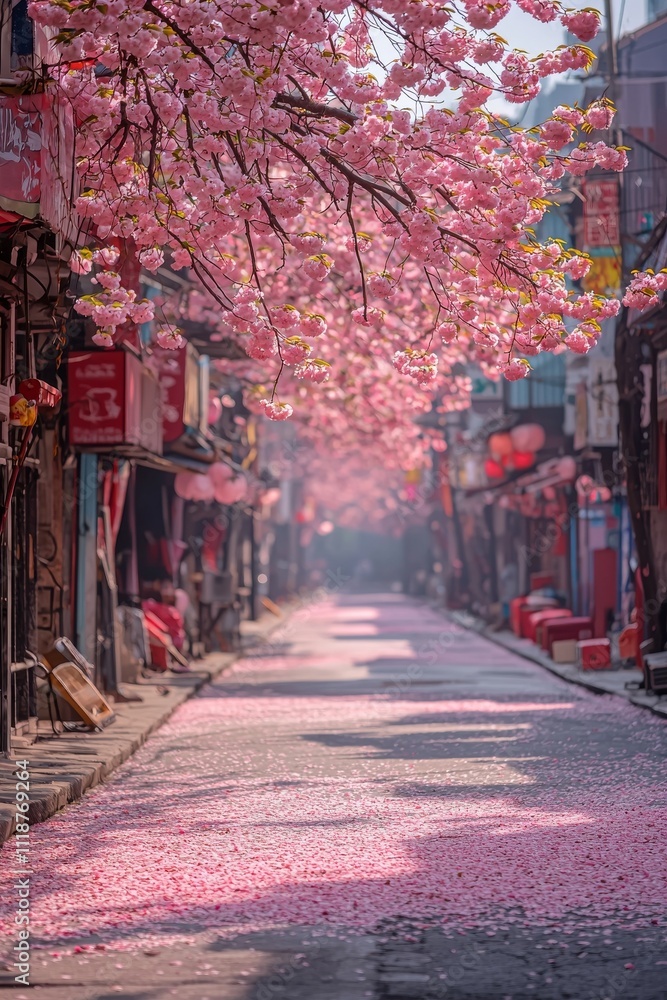 Fototapeta premium In spring, Japan offers a stunning view with cherry blossoms, perfect for a vertical background.
