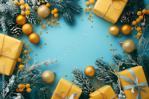 A blue background with a yellow border