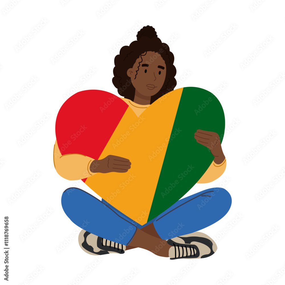 An illustration of a black girl holding a heart colored in red, yellow and green colors. Black history month celebration. Juneteenth concept. An illustration of a black girl holding a heart colored in red, yellow and green colors. Black history month celebration. Juneteenth concept.