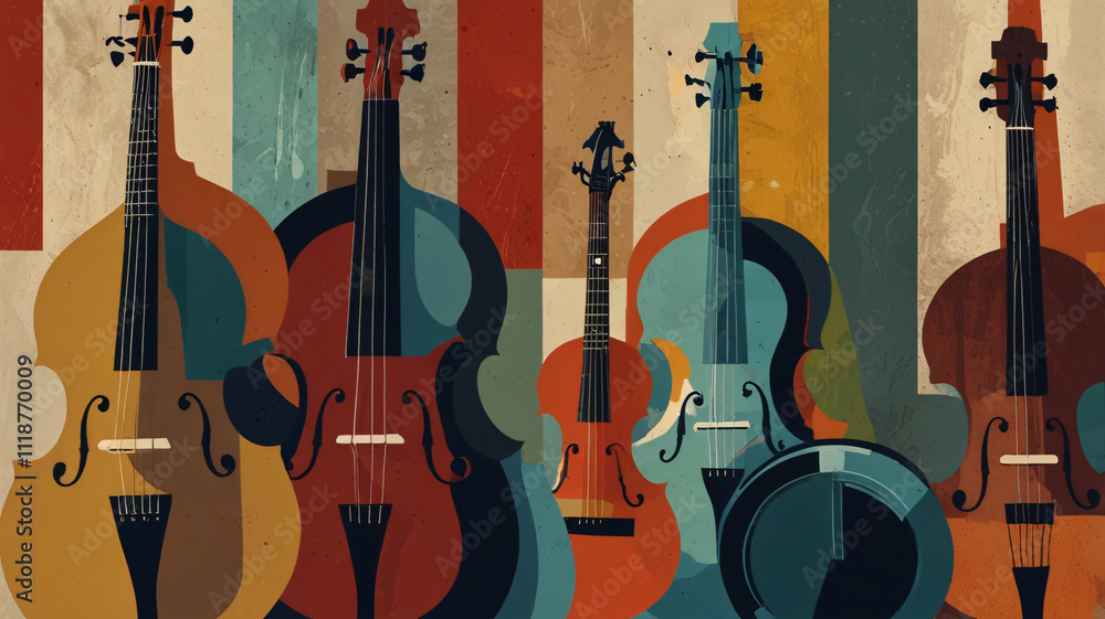 Naklejka premium Stylized Folk Music Ensemble in Geometric Design on Striped Background