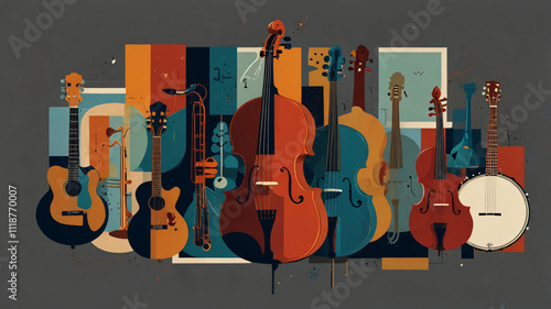 Mid-Century Modern Musical Instruments Collage in Muted Tones