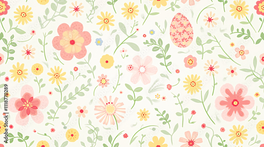 Delicate Springtime Pattern with Easter Eggs and Blooms in Soft Pastel Palette Delicate Springtime Pattern with Easter Eggs and Blooms in Soft Pastel Palette