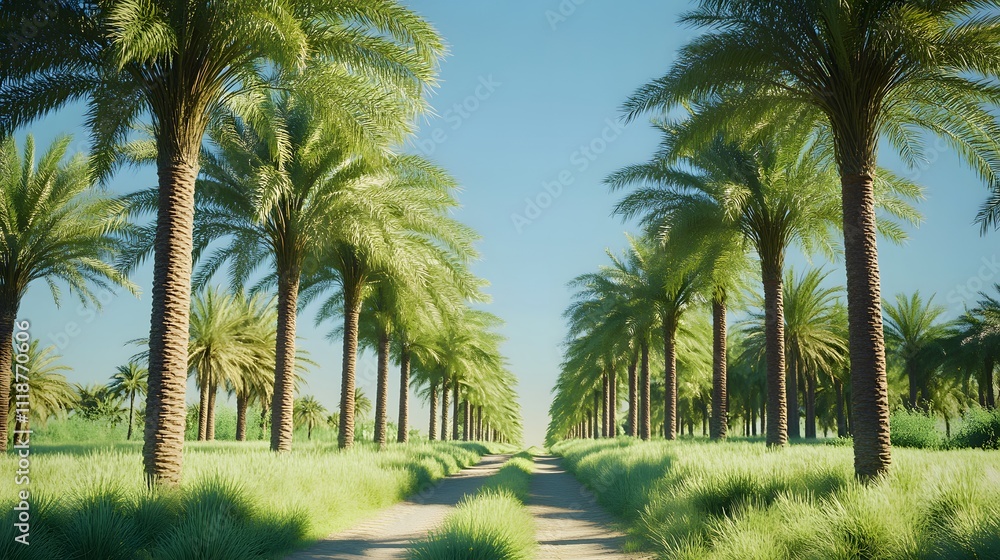 A photograph of a date palm farm in the Sahara desert, showing rows and rows of tall date palms with green leaves A photograph of a date palm farm in the Sahara desert, showing rows and rows of tall date palms with green leaves