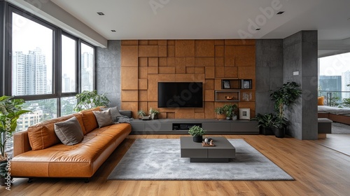 Modern living room with leather sofa, wooden feature wall, and city view. photo