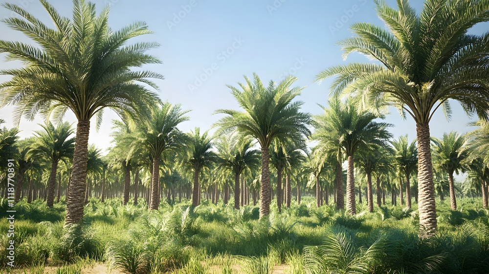A photograph of a date palm farm in the Sahara desert, showing rows and rows of tall date palms with green leaves A photograph of a date palm farm in the Sahara desert, showing rows and rows of tall date palms with green leaves