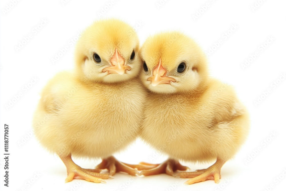 Adorable Yellow Chicks. Two Baby Birds Standing Alone on a Bright White Background Adorable Yellow Chicks. Two Baby Birds Standing Alone on a Bright White Background
