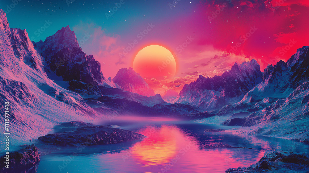 Fototapeta premium Fantastic landscape with a big bright sun background.. Sunrise or sunset concept poster. Sci-fi alien planet horizontal banner. Digital illustration. AI artwork. 