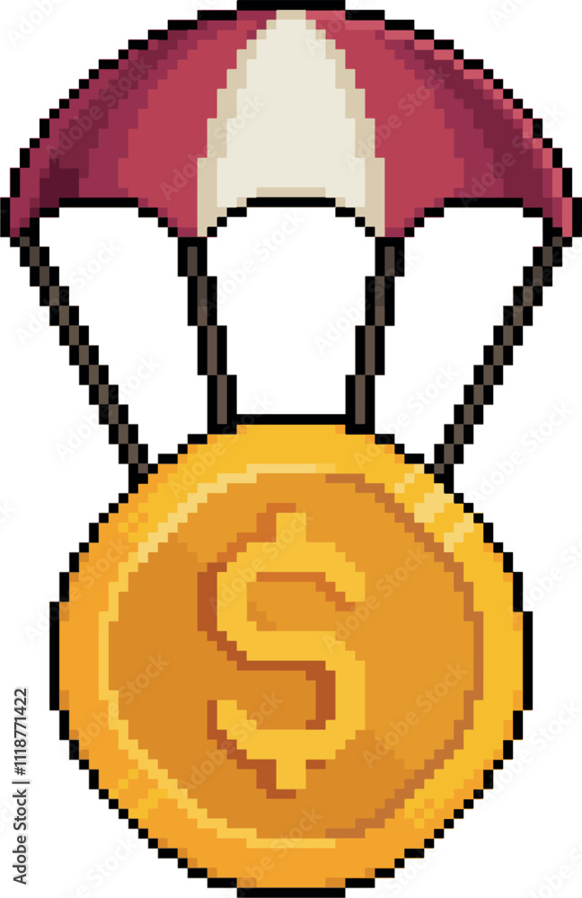 Pixel art coin with parachute in 8-bit style on white background Pixel art coin with parachute in 8-bit style on white background
