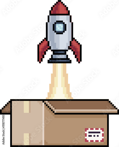 Pixel art rocket taking off from cardboard box in 8-bit style on white background, startup concept
