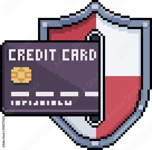 Pixel art credit card coming out of shield in 8-bit style on white background