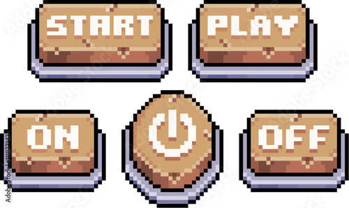 Pixel art of start, play, on and off buttons in wooden style and 8-bit game