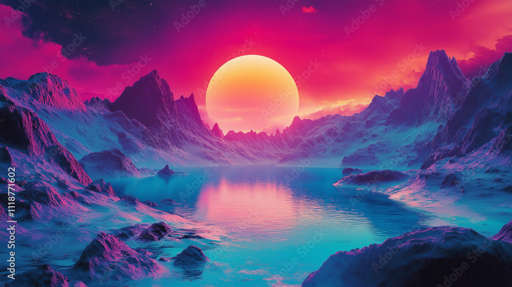 Fantastic landscape with a big bright sun background.. Sunrise or sunset concept poster. Sci-fi alien planet horizontal banner. Digital illustration. AI artwork. Fantastic landscape with a big bright sun background.. Sunrise or sunset concept poster. Sci-fi alien planet horizontal banner. Digital illustration. AI artwork.