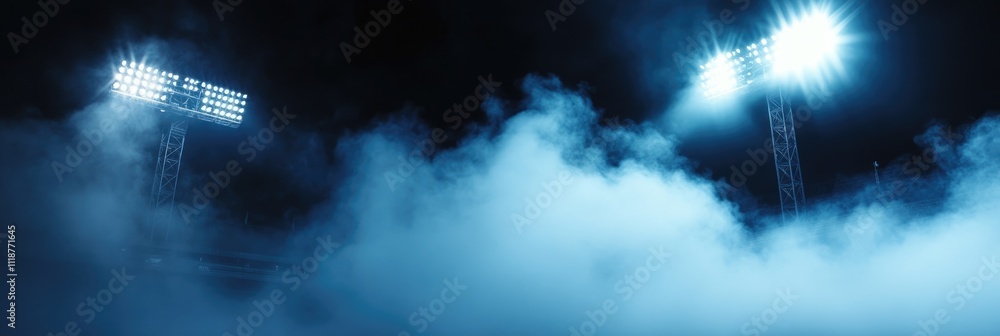Illuminated Night Stadium with Ethereal Smoke and Fog, Creating a Magical Atmosphere for Leisure Activities Illuminated Night Stadium with Ethereal Smoke and Fog, Creating a Magical Atmosphere for Leisure Activities