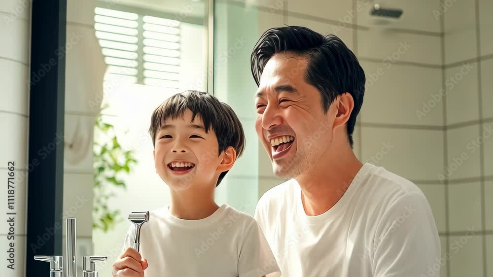 A young Asian boy and his father share a joyful moment, laughing together in a sunlit kitchen. Both wear simple white shirts, adding to the cheerful, domestic vibe of the scene.