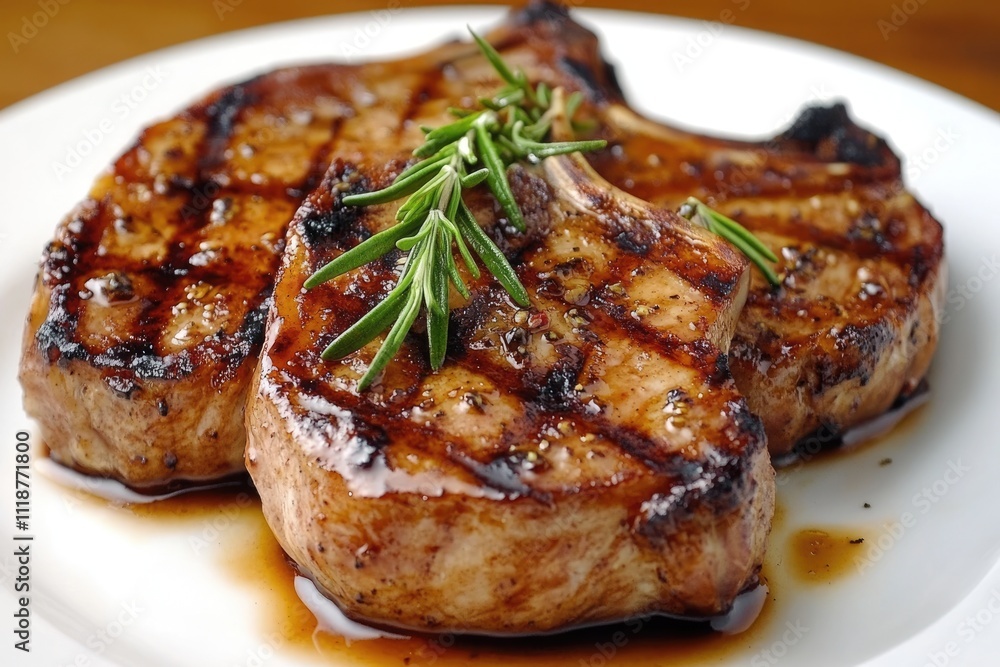 Savory Grilled Pork Chops on the Bone with Garlic and Rosemary Served on a Rustic Plate Savory Grilled Pork Chops on the Bone with Garlic and Rosemary Served on a Rustic Plate