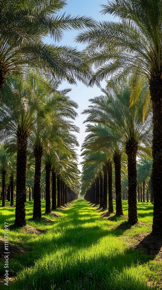 Obraz premium A photograph of a date palm farm in the Sahara desert, showing rows and rows of tall date palms with green leaves
