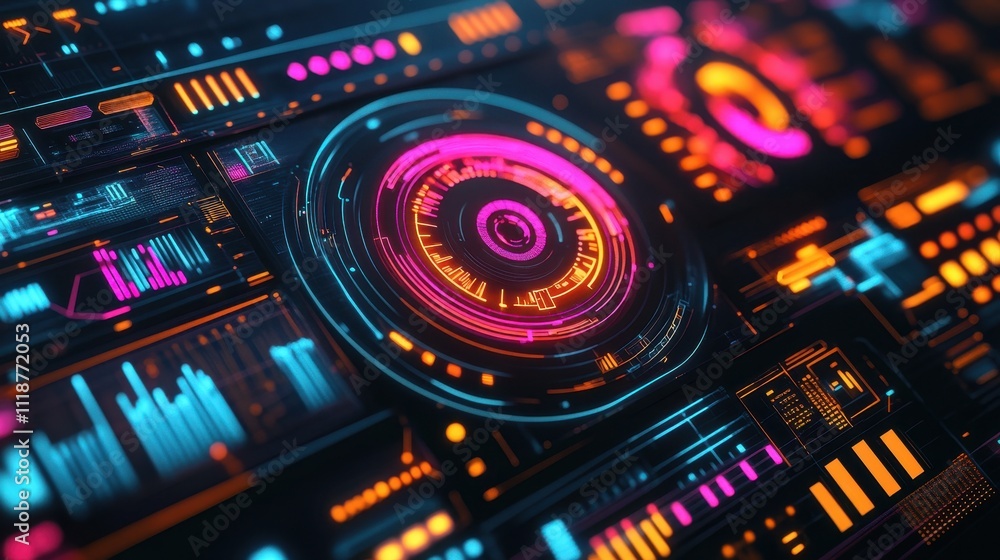 A futuristic digital interface featuring vibrant neon elements and data visualization. A futuristic digital interface featuring vibrant neon elements and data visualization.