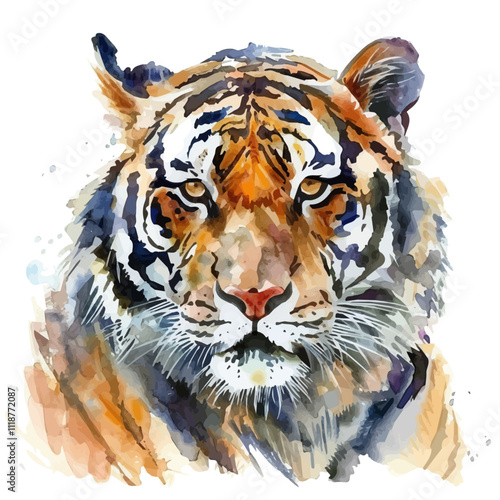 A watercolor drawing of a Tiger, isolated on a white background. Tiger vector.