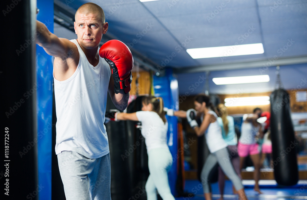 Obraz premium Determined active man practicing boxing punches in gloves on hanging punching bag in training room..