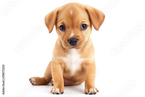 Adorable Small Brown Pup Sitting on Floor Against White Backdrop, Blending Traits of Parson Jack Russell Terrier, Chihuahua, and German Shepherd