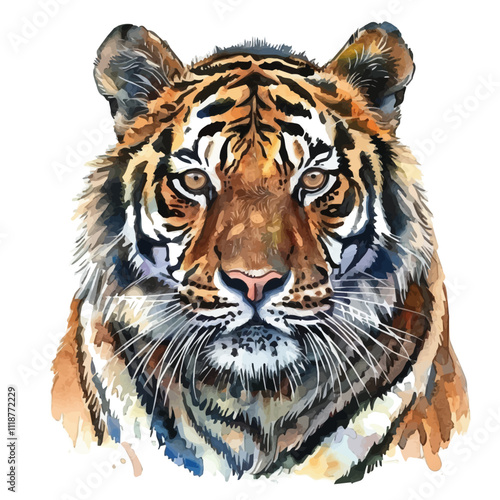 A watercolor clipart of a Tiger, isolated on a white background. Tiger vector.