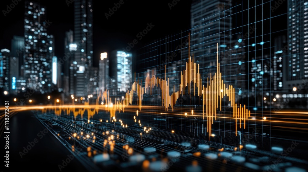 Fototapeta premium Digital artwork showcases stock market charts with abstract shapes and a vibrant cityscape background glowing in warm tones at night
