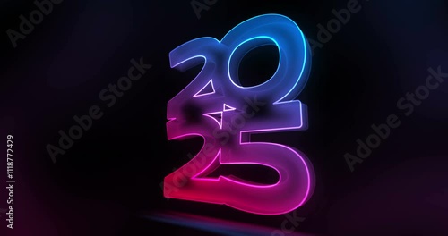 2025 year glass style symbol. Colour transparent 3d light neon rotated icon concept abstract animation.