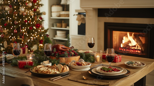 Festive Christmas dinner table with fireplace and holiday tree, holiday dishes, and festive decorations.