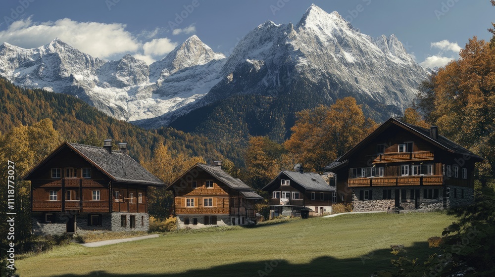 Scenic View of Farm Houses Nestled Amidst the Majestic Berchtesgaden Alps and Mount Watzmann in Bavaria, Germany Scenic View of Farm Houses Nestled Amidst the Majestic Berchtesgaden Alps and Mount Watzmann in Bavaria, Germany