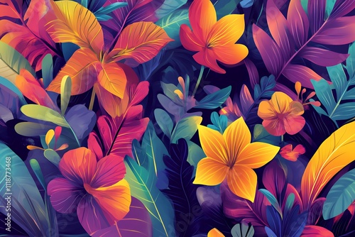 A vibrant, tropical floral pattern featuring colorful leaves and flowers.