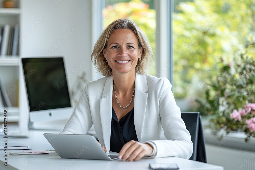 Professional woman working at a desk in a bright office setting with greenery visible outside Professional woman working at a desk in a bright office setting with greenery visible outside