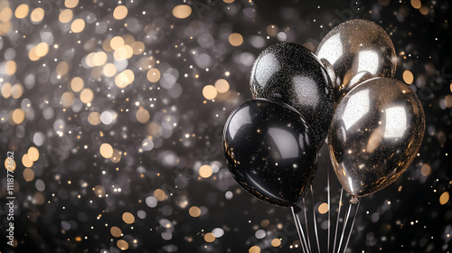 un fondo con destellos de luces efecto bokeh con globos decorativos negros  plateados elegantes para invitacion o plantillas con espacio de copia photo