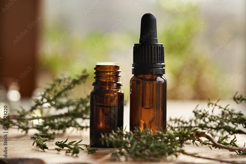 Two bottles of aromatherapy essential oil with thyme leaves