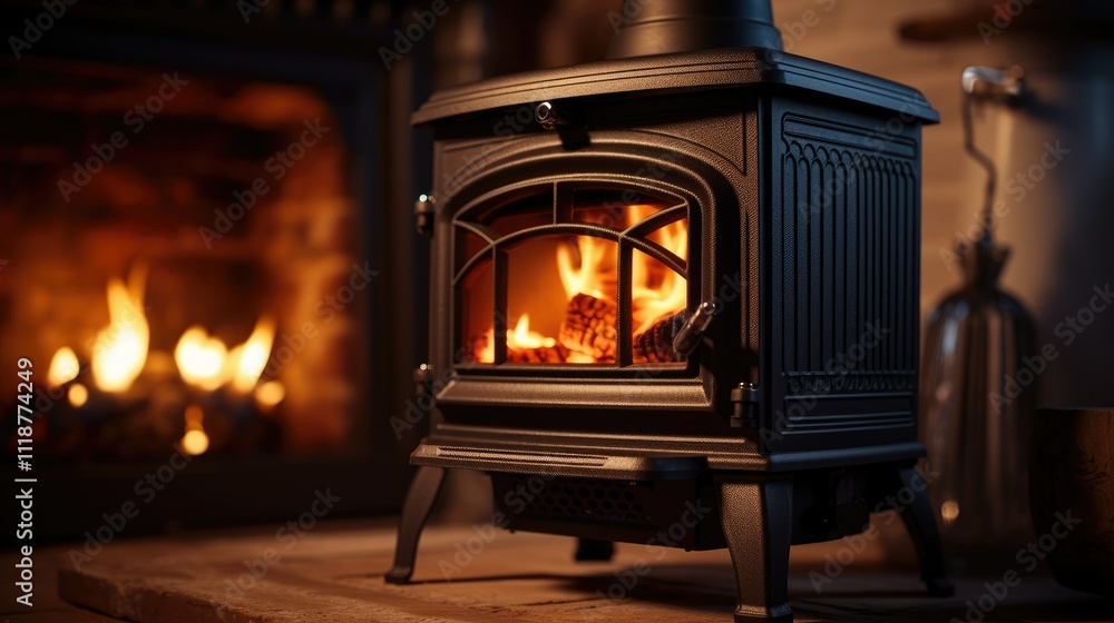 Warm, cozy wood stove with a roaring fire in front of a fireplace. Warm, cozy wood stove with a roaring fire in front of a fireplace.