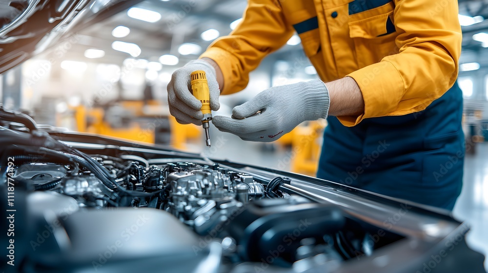 Auto mechanic tightening engine bolts, detailed garage setting--style raw Auto mechanic tightening engine bolts, detailed garage setting--style raw