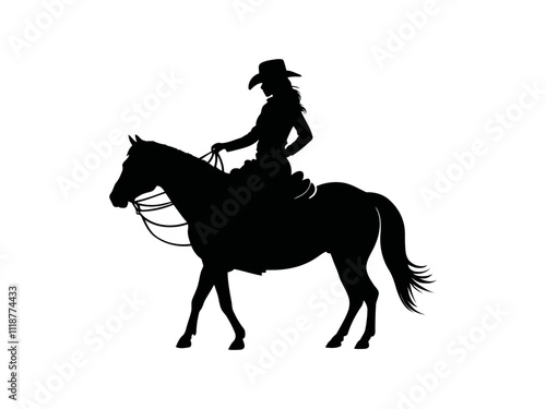 Beautiful woman Cowgirl riding a horse with Lasso Silhouette Vector illustration 