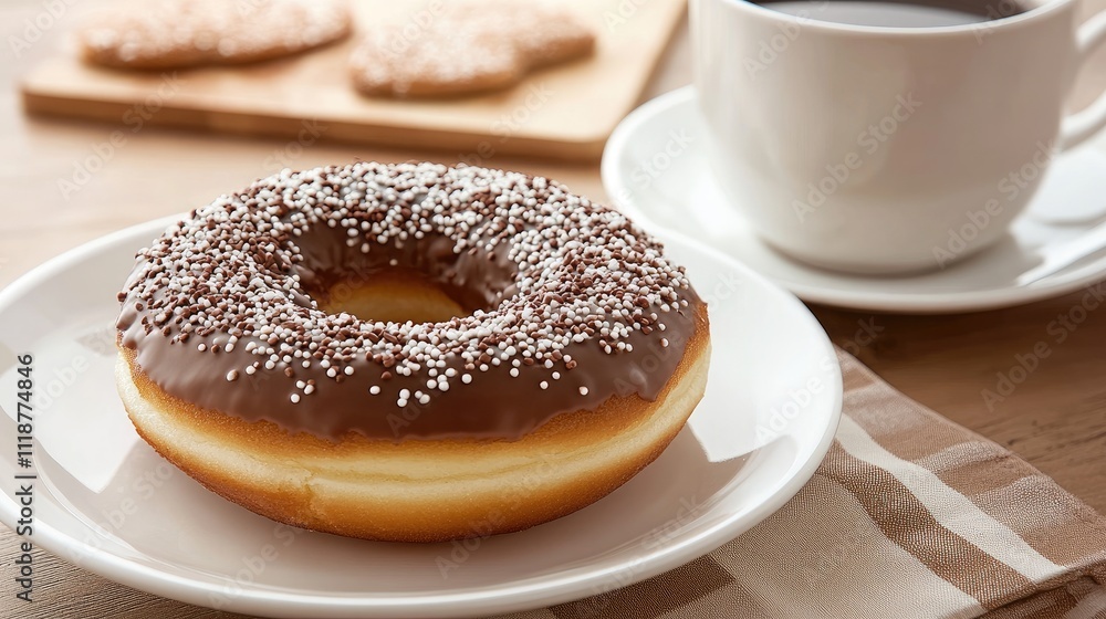 Close-up view of a vibrant doughnut featuring chocolate glaze and colorful sprinkles on a white plate, set against a sunny kitchen backdrop Close-up view of a vibrant doughnut featuring chocolate glaze and colorful sprinkles on a white plate, set against a sunny kitchen backdrop