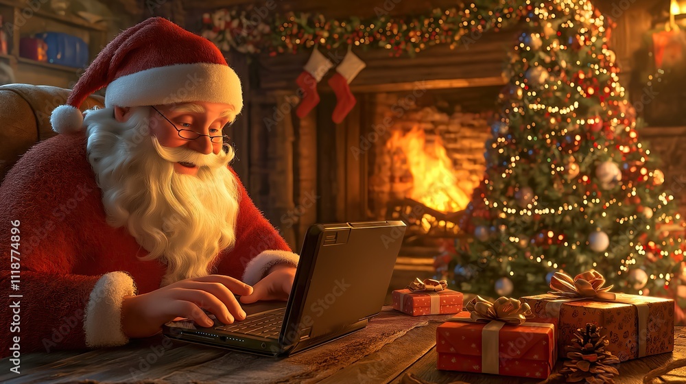 Santa Claus is working on his laptop at a wooden table filled with Christmas gifts and decorations, with a bright and festive Christmas tree in the background. Santa Claus is working on his laptop at a wooden table filled with Christmas gifts and decorations, with a bright and festive Christmas tree in the background.