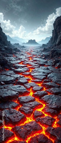 Volcanic lava floor tile seamless background with a rugged look, molten lava, lava rock, magma field photo