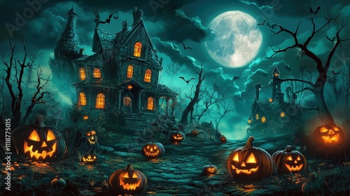 A spooky Halloween scene featuring a haunted house, glowing pumpkins, and a full moon.