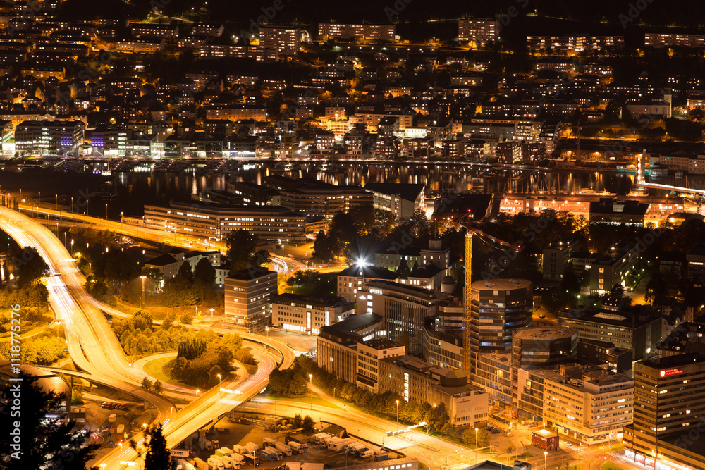Panoramic view of Bergen (Norway) at night