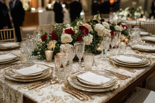 Elegant dining setup with floral centerpiece and fine tableware at an evening gathering in a banquet hall