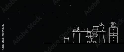 Wallpaper Mural Minimalistic line drawing of a workspace with a computer and chair against a starry background Torontodigital.ca