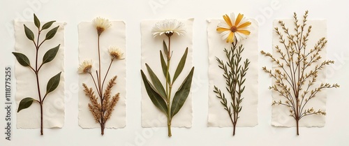 Pressed flowers and leaves arranged on textured paper