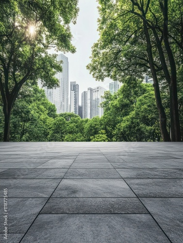 Empty city square floor and green forest nature landscape